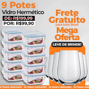 KIT 9 Potes Herméticos de Vidro + 6 Copos de Vidro SM Aruba